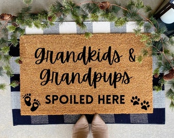 Grandkids and Grandpups Spoiled Here Doormat, home decor, personalized doormat, grandparents gift, welcome mat, front doormat, mothers day