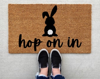 Hop On In Easter doormat, Easter Doormat, Jesus, spring decor, personalized doormat, funny doormat, welcome mat, front doormat, bunny