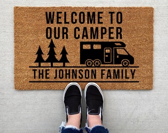 Welcome To Our Camper Doormat, home decor, custom doormat, welcome mat, housewarming, front door mat, welcome doormat, Camping Doormat