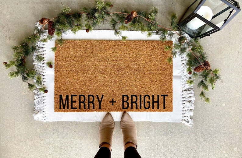 Merry and Bright doormat, Christmas decor, personalized doormat, holiday doormat, welcome mat, front doormat, winter decor, custom doormat image 1