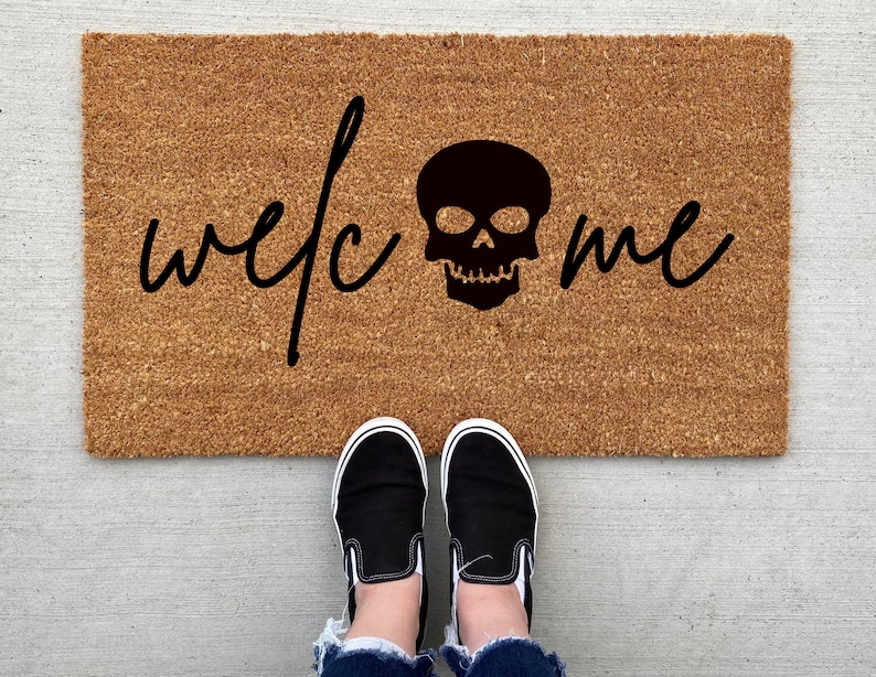 Welcome Skeleton Halloween doormat, Halloween Doormat, pumpkin, fall decor, personalized doormat, funny doormat, Zombies, Horror, spooky image 1