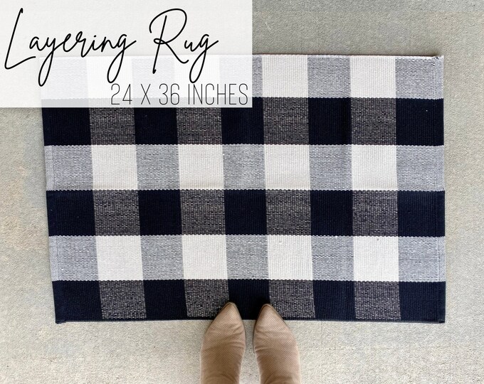 Doormat Layering Rug, Black and White Buffalo Plaid Stripe, Layering