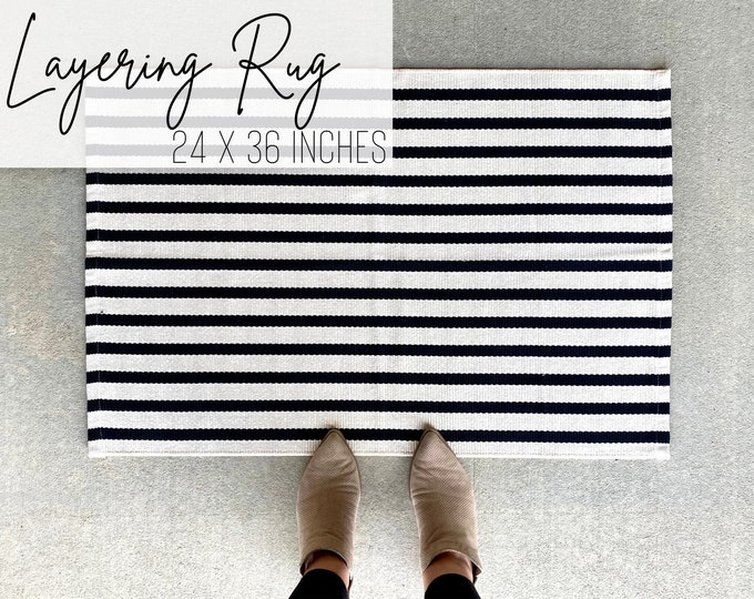 Doormat Layering Rug, Black and Cream Stripe, Layering Rug Doormat