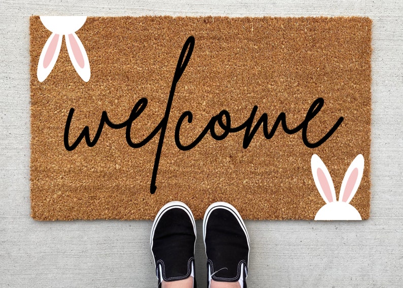 Easter Bunny Welcome doormat, Easter Doormat, Jesus, spring decor, personalized doormat, funny doormat, welcome mat, front doormat, bunny image 1