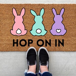 Easter Pastel Hop On In Bunny doormat, Easter Doormat, Jesus, spring decor, personalized doormat, funny doormat, welcome mat, front doormat