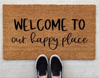 Welcome To Our Happy Place Doormat, home decor, personalized doormat, welcome mat, lose the shoes, funny doormat, front door mat