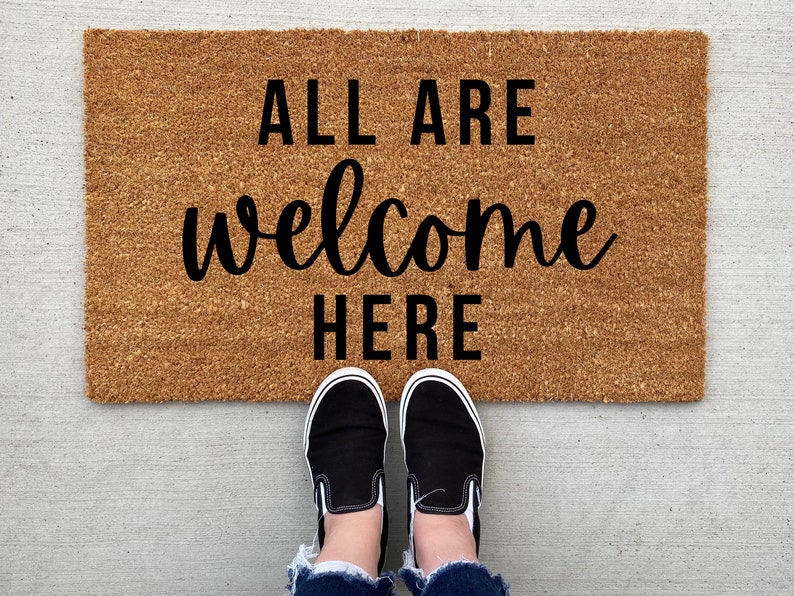 All Are Welcome Here Doormat, Gay Pride Doormat, Love Is Love, LGBT Pride, Outdoor Doormat, Front Doormat, Welcome Mat, Gay AF, Door Mat image 1