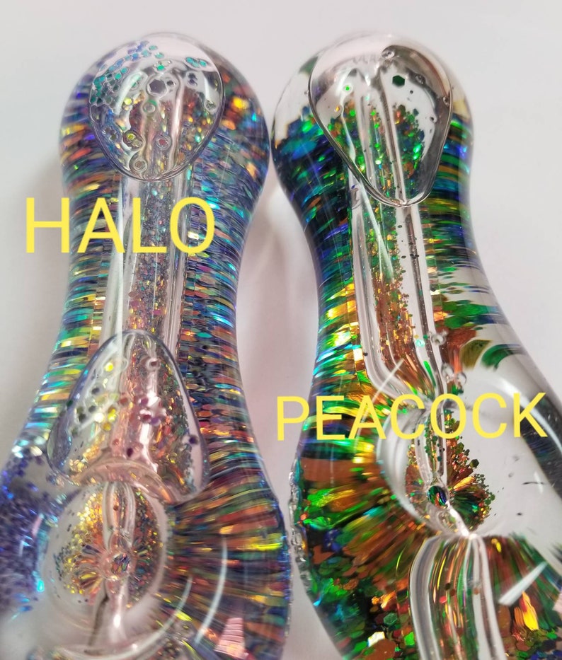 Custom Glitter Filled Pipe Glass Snow Globe Glow in the Dark Elevator Glass Chill Pipe Smoking Pipe Girly Pink Purple Hempleaf Stargazer HALO