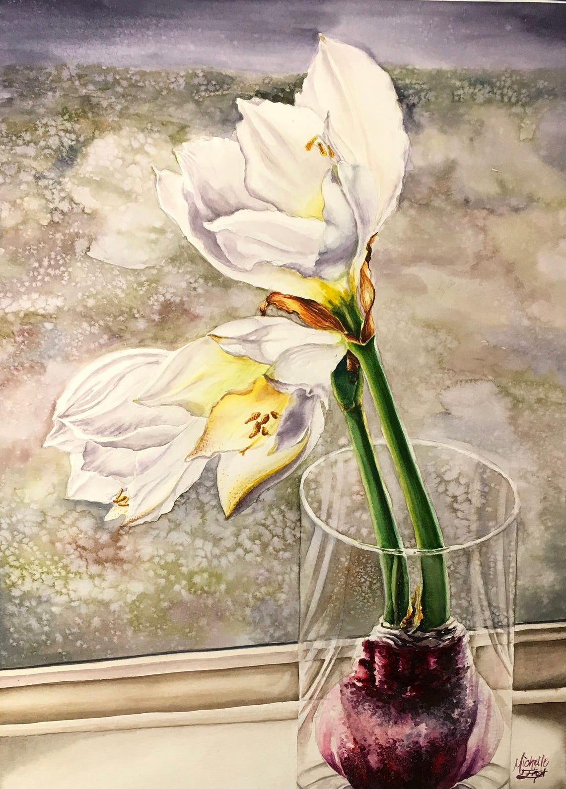 White Amaryllis in Glass Vase Etsy