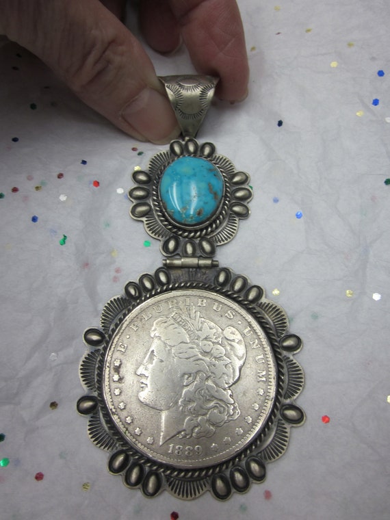 Vintage NAVAJO Sterling Silver TURQUOISE Coin Pen… - image 1