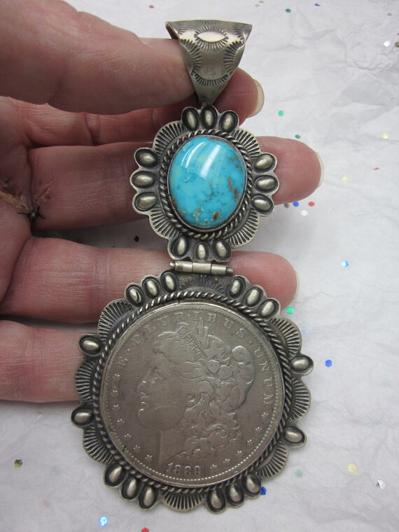 Vintage NAVAJO Sterling Silver TURQUOISE Coin Pen… - image 2