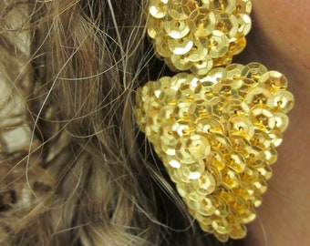 Vintage ARTISAN CAPRI Earrings 2.75" Handmade Gold SEQUINED Earrings Pierced Fashion Earrings Art Deco Retro Earrings Bif Dangle Earrings