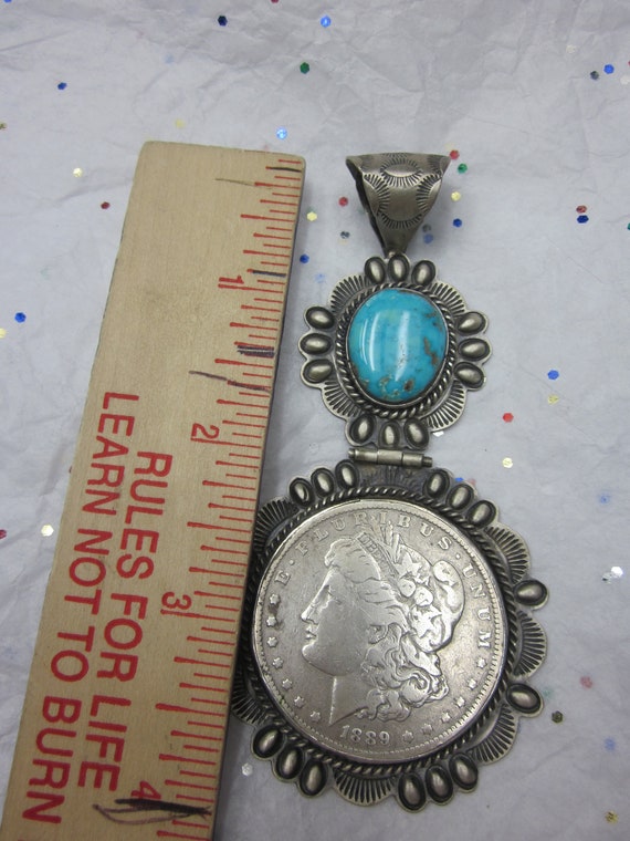 Vintage NAVAJO Sterling Silver TURQUOISE Coin Pen… - image 4