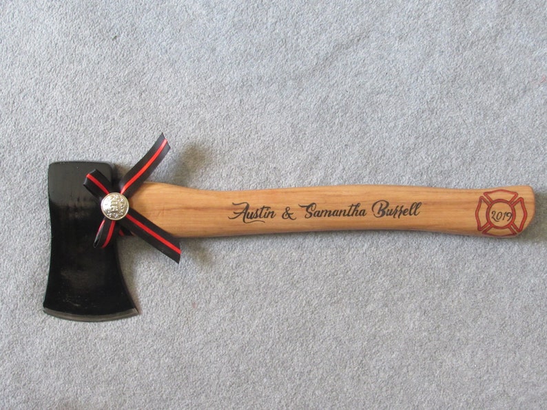 Personalized Wedding Firefighter Axe With Thin Red Line Bow image 6