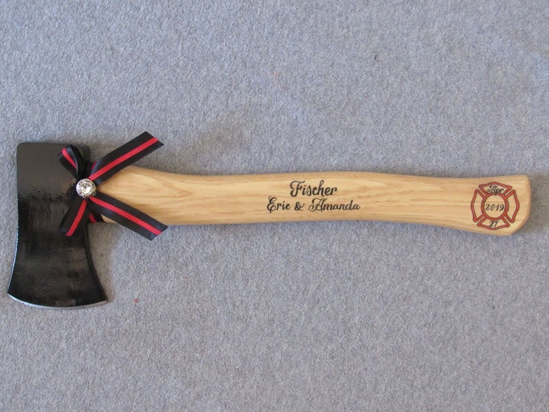 Personalized Wedding Firefighter Axe With Thin Red Line Bow image 5