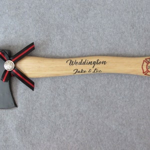 Personalized Wedding Firefighter Axe With Thin Red Line Bow image 1