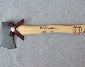 Personalized Wedding Firefighter Axe With "Thin Red Line" Bow