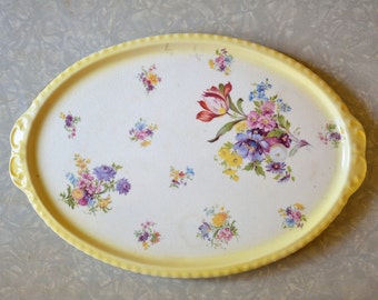 Lovely floral Grimwade Bros platter with yellow edge, Stokes on Trent potteries