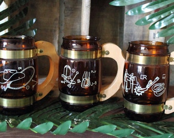 Set of 3 Fabulous Vintage Barrel Mugs Wooden Handled Steins with Cowboy Motifs by Siesta Ware