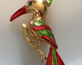 Fabulous Gold Toned Woodpecker Brooch Green Red Feathers Angry Bird Perched on Branch Pin