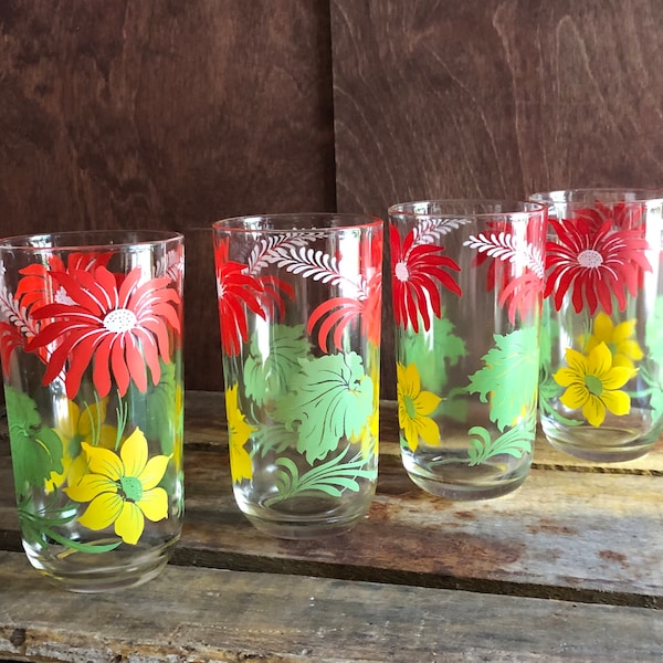 Colorful Set of 4 Colorful Vintage Tumblers Bright Red Yellow Flowers Green Leaves Garden Variety by Hazel Atlas