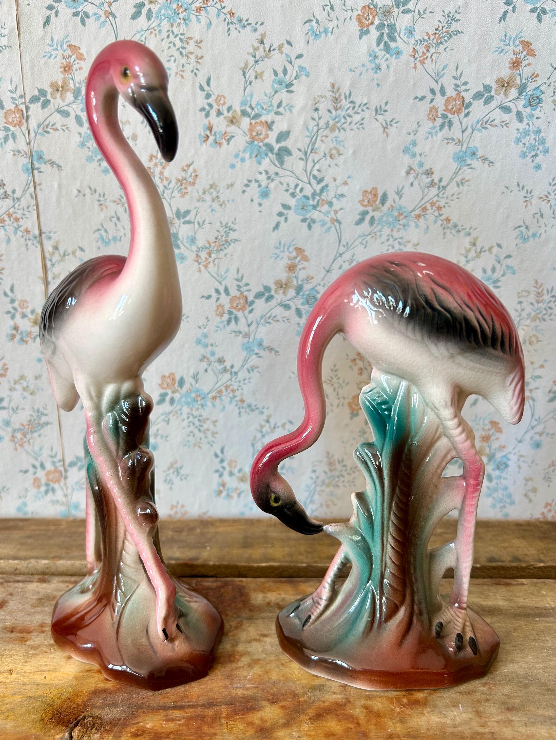 Fabulous Vintage Pair Flamingo Figurines Iconic MCM Pink/green 