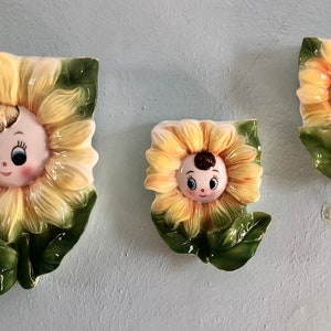 Fabulous Vintage Set of 3 Sunflower Face Anthropomorphic Wall Pockets Little Sunflower Face Wall Hangings by PY Miyao, Japan