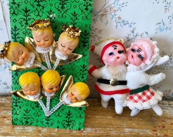 Adorable Vintage Christmas Decorations Blow Mold Flocked Mr & Mrs Claus and 6 Unused Chenille Stem Angel Picks