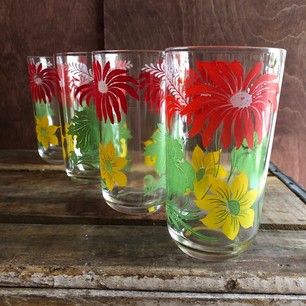 Colorful Set of 4 Vintage Floral Tumblers Bright Red Yellow Flowers Green Leaves Garden Variety Pattern by Hazel Atlas