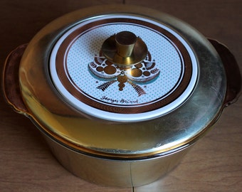 Gorgeous Georges Briard Sonata Pattern Chafing Dish and Lid with Gold Edged Fire King Casserole Insert