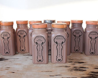 Set of 10 Rare Vintage Chocolate Brown Griffith Laboratory Spice Jars with Original Salmon Lids