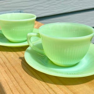 Two Sets of Gorgeous Opaque Green Vintage Jane Ray Cups/Saucers Jadeite Coffee Cups by Fire King