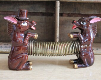 Fabulous and Fun Vintage Donkey Letter Holder 2 Ceramic Mules with Brass Coil Desk Organizer by Relco