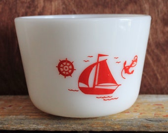 Fabulous Vintage Milk Glass Bowl 1940's Red Sailboats Bowl Red Anchor Ship's Wheel Canister by McKee Glass