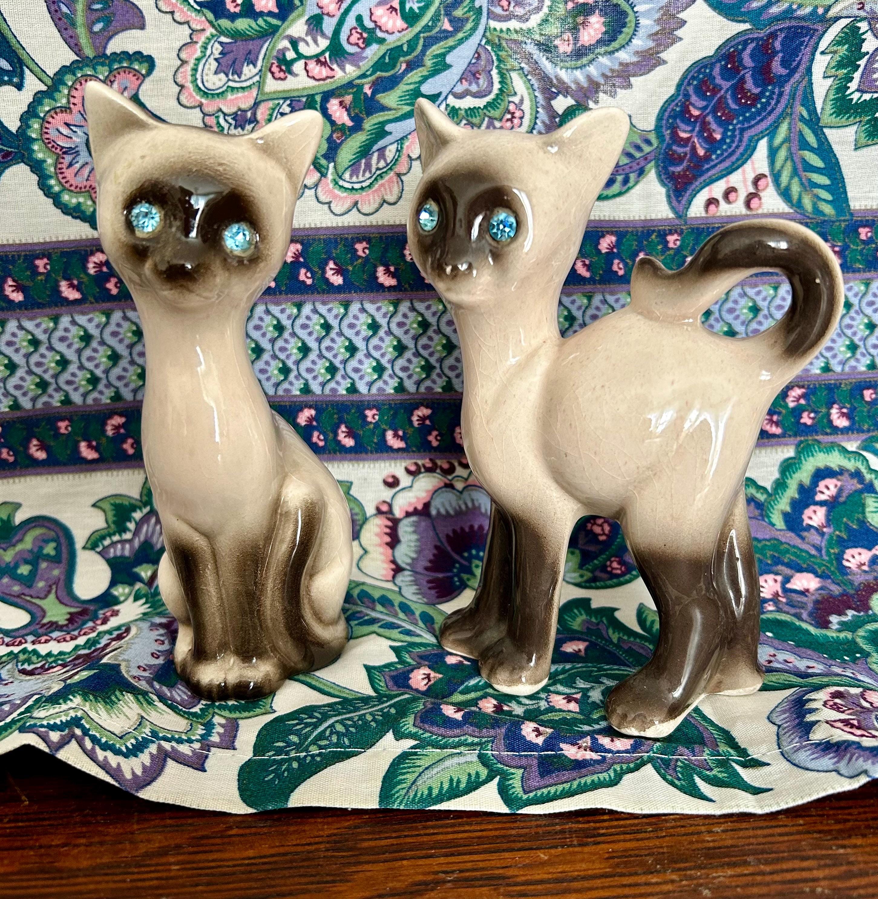 Fabulous Pair of Vintage Jewel Eye Siamese Cats Rhinestone Eye