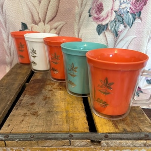 Set of 5 Fun and Fabulous Vintage Insulated Mugs Colorful Plastic Ware Tiki Thermal Cups with Gold Design by Burrite