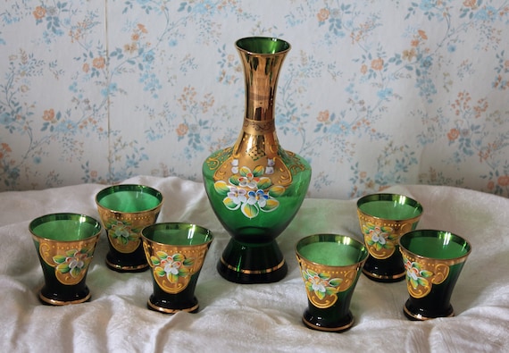 Gorgeous Emerald Green gold Vintage Bohemian Czech Glass Decanter 6 Cordials Charming Old World Art Glass 22K Gold Bar Ware Set Etsy