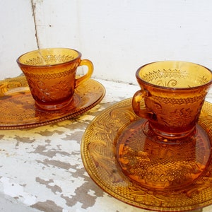 Gorgeous Set of 2 Vintage Sandwich Glass Golden Amber Snack Sets by Indiana Glass Company for Tiara Glassware