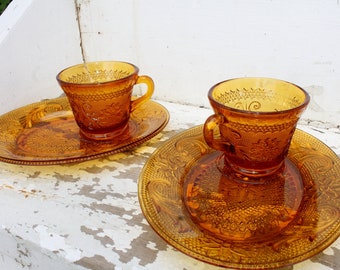 Gorgeous Set of 2 Vintage Sandwich Glass Golden Amber Snack Sets by Indiana Glass Company for Tiara Glassware