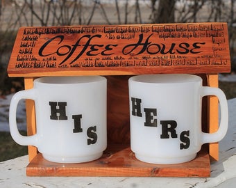 Fabulous Vintage His and Hers Stackable Milk Glass Coffee Cups In Wood Coffee House Holder by Glasbake