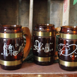 Fabulous Set of 4 Vintage Barrel Mugs Wooden Handled Steins with Cowboy Motifs by Siesta Ware