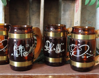 Fabulous Set of 4 Vintage Barrel Mugs Wooden Handled Steins with Cowboy Motifs by Siesta Ware