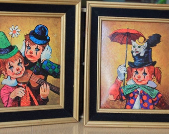 Pair of Vintage Big Eyed Kids Framed Prints Wall Art Harlequin Wall Decor Clown by Lee