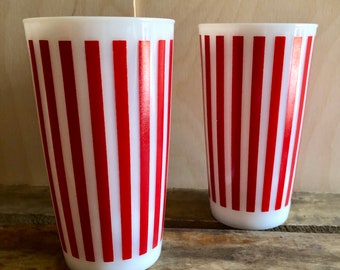 Fabulous Vintage Pair of Cherry Red Striped Tumblers Hard to Find Candy Stripe Drinking Glasses by Hazel Atlas