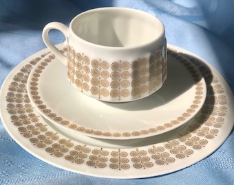 Gorgeous Vintage Cup, Saucer, Lunch Plate Set Gold Filigree Design Coffee Set Delicate Demitasse Pallas Pattern by Arabia Finland