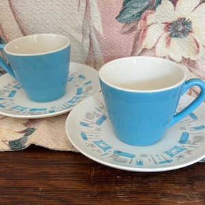 Stunning Set of 2 Vintage Coffee Cups and Saucers Atomic Style Blue Heaven Tea Cups Saucers by Royal China