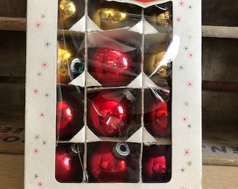 Beautiful Vintage Red Yellow Christmas Tree Ornaments Small Christmas Tree Balls in Original Box by Shiny Brite
