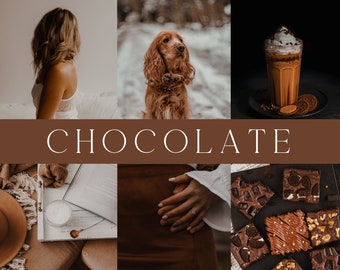 以下が含まれることがあります： チョコレートをテーマにした画像のコラージュ。画像には、白いドレスを着た女性、茶色の犬、チョコレートミルクシェイク、本、コーヒーカップ、指輪をした手、そしてブラウニーの皿が含まれています。