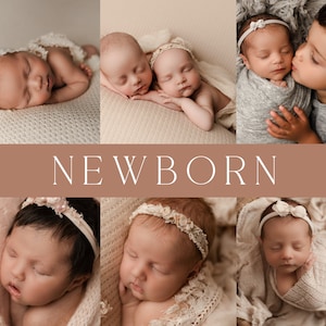 May include: A collage of newborn baby photos. The photos show babies sleeping, cuddling, and being held by a sibling. The photos are arranged in a grid with the word "NEWBORN" in the center.