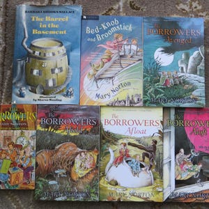 7 books The Borrowers, Afield, Afloat, Aloft, Avenged, Bed Knob and Broomstick, The Barrel in the Basement
